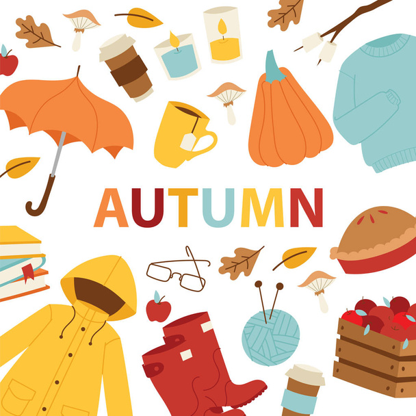 Podzimní symboly banner položky karta s oblečením k podzimu. Deštivé studené čas na oslavu šťastné zlaté a žluté podzimní čas. Deštník, listí na podzim, léky, listoví, déšť - Vektor, obrázek