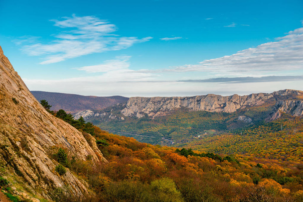 Φθινόπωρο - Όμορφο πορτοκαλί δάσος στην πλαγιά των βουνών, Κριμαία, Ουκρανία - Φωτογραφία, εικόνα