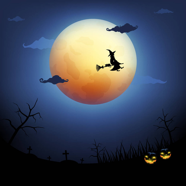 Big moon in Halloween night, black witch and cat silhouette flying in dark blue sky. Vector illustration for background, website, card. - Vector, Image