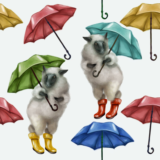 Вівці в гумових чоботях і з парасолькою. Безшовний візерунок на білому тлі. Дощів
. - Фото, зображення