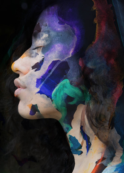 Paintography. Double exposure of colorful painting combined with - Zdjęcie, obraz