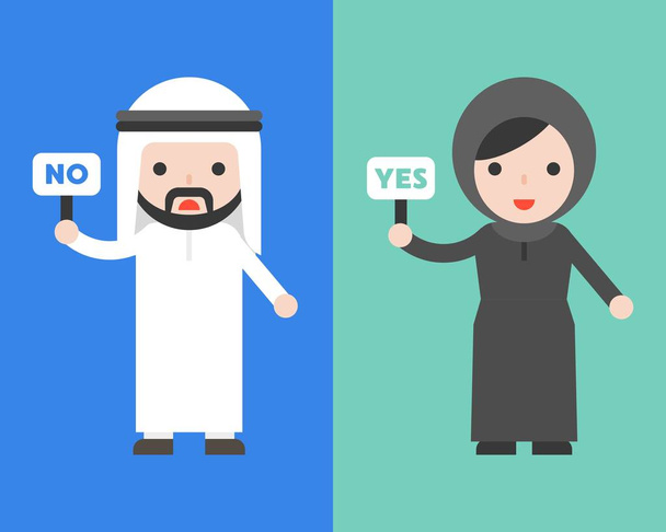 Милий бізнесмен арабських і мусульманських жінки, що тримає Борд так чи ні, бізнес-ситуації, вибираючи або роблячи decistion концепцію, Плоский дизайн - Вектор, зображення