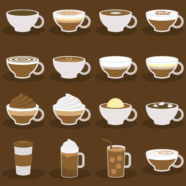 διαφορετικοί τύποι καφέ μενού σε επίπεδη σχεδίαση, εικονογράφηση διάνυσμα - Διάνυσμα, εικόνα