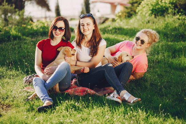 girls with dog - Photo, image