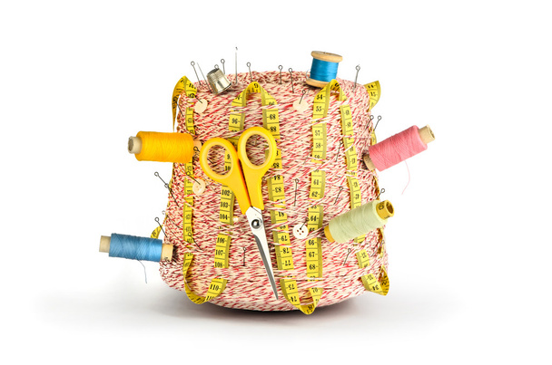 Large spool of thread, scissors, needle and thimble - Photo, Image