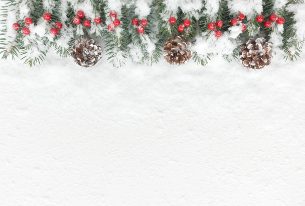 Snow covered Christmas Background with natural fir tree twigs, pine cones and red berries. Top view. - Photo, Image