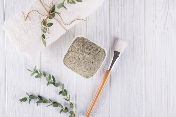 Beauty concept. Flat lay, clay mud powder natural ingredient for homemade facial and body mask or scrub - Foto, Imagem