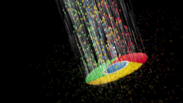chrome browser icon tearing on particles footage isolated on black - Materiał filmowy, wideo