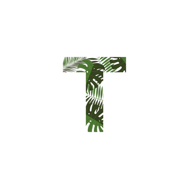 Tropical Jungle Vector Logo Letter T. T Letter Design Vector Jungle Monsterra Leaves. - Vektor, Bild