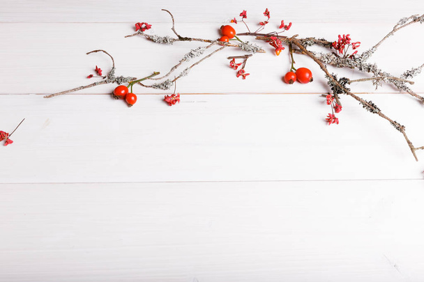 Christmas, New Year or Autumn background, flat lay composition of Christmas natural ornaments and fir branches, berries, rose hips and winter branches covered with moss, empty space for greeting text - Photo, Image