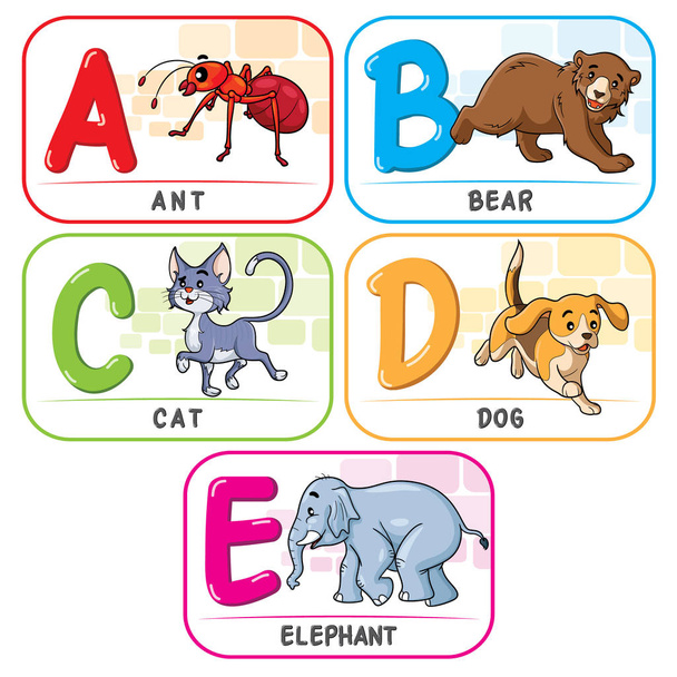 Dierlijk alfabet A B C D E - Vector, afbeelding