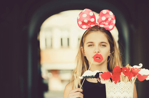 Funny pretty girl with cute mouse ears and red lips - Fotoğraf, Görsel