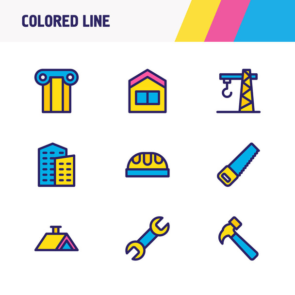 Illustration vectorielle de 9 icônes de l'industrie ligne colorée. Ensemble modifiable de scie, colonne, toit et autres éléments d'icône
. - Vecteur, image