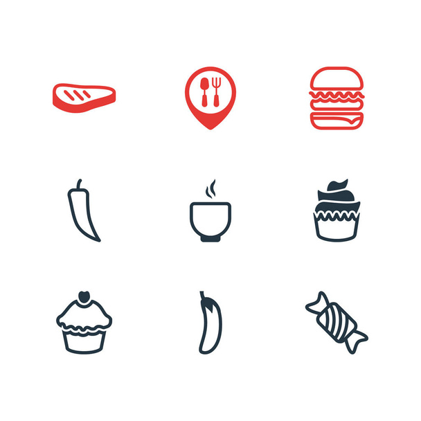 Illustrazione vettoriale di 9 icone alimentari stile linea. Set modificabile di caramello, hamburger, carne alla griglia e altri elementi iconici
. - Vettoriali, immagini