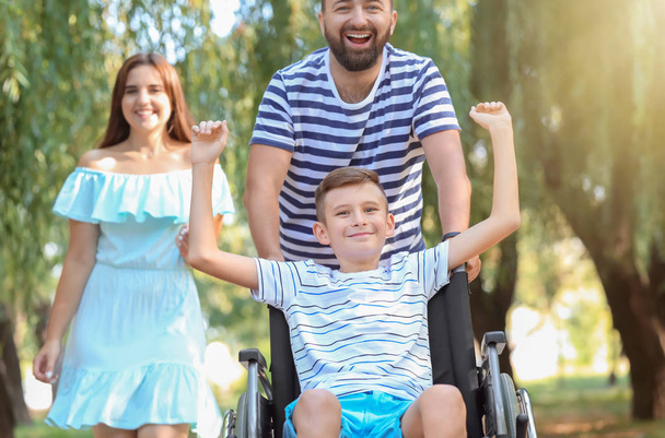 Teenage boy in wheelchair with his family walking outdoors - Фото, зображення