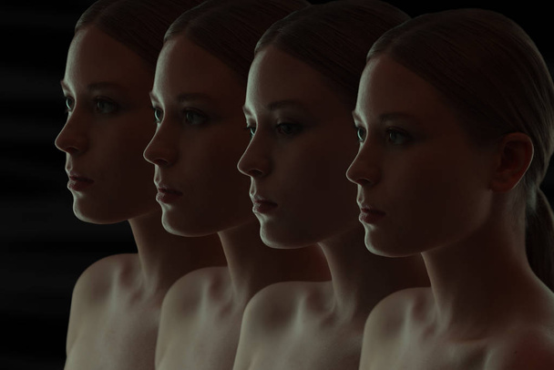 Closeup portrait of many women's faces. the Dark group portrait. Replicants or clone - Foto, immagini