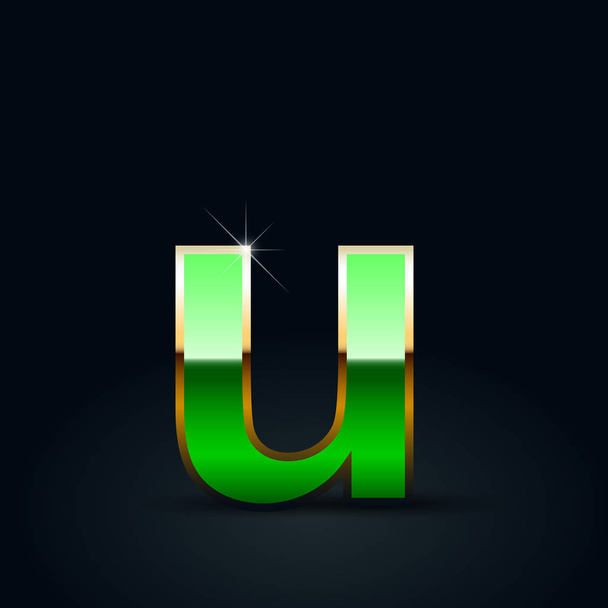 Πράσινο γυαλιστερό μεταλλικό γράμμα U πεζά γράμματα σε μαύρο φόντο - Διάνυσμα, εικόνα