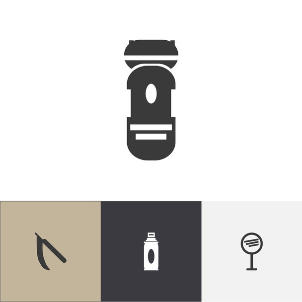Conjunto de 4 iconos de barbero editables. Incluye símbolos como esparcidor, reflexión, afeitadora y más. Se puede utilizar para diseño web, móvil, IU e infografía
. - Vector, Imagen
