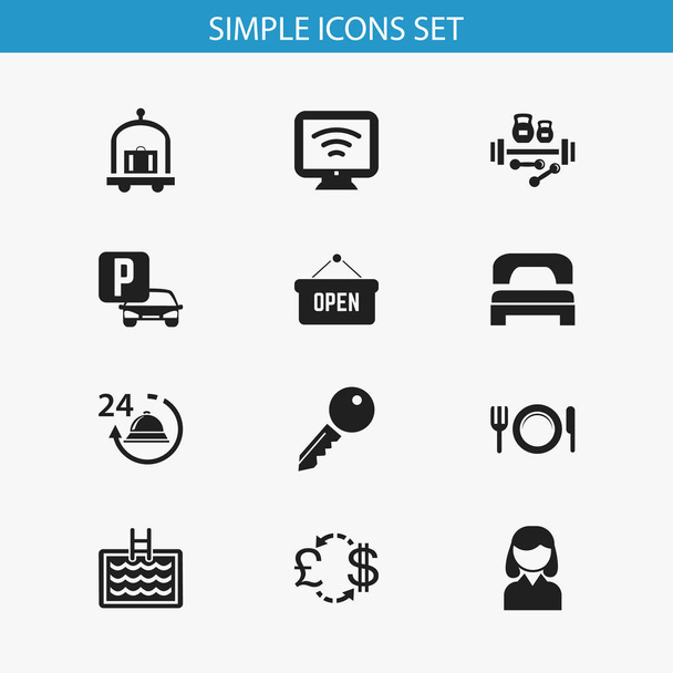Zestaw 12 ikon można edytować podróży. Zawiera symbole, takie jak łóżka, fitness, torba i więcej. Mogą być używane dla sieci web, mobilnych, projektowania interfejsu użytkownika i infografiki. - Zdjęcie, obraz