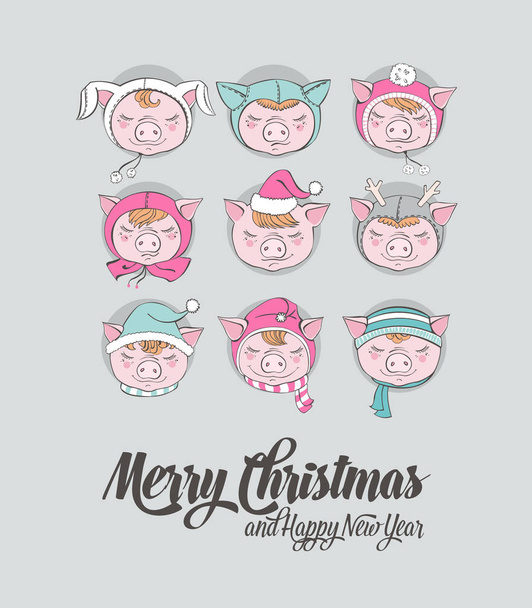 Set of cute pig farm cartoon characters. Chinese symbol of the 2019 year. Happy New Year. Cute animal illustration. - Вектор,изображение