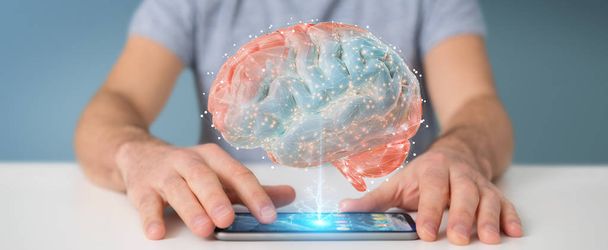 Zakenman met behulp van de digitale 3D-projectie van een menselijk brein met mobiele telefoon 3D-rendering - Foto, afbeelding