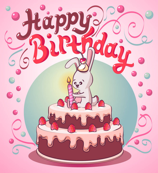 Gelukkige verjaardagscake met aardbei, kleine konijntje en een kaars - Vector, afbeelding