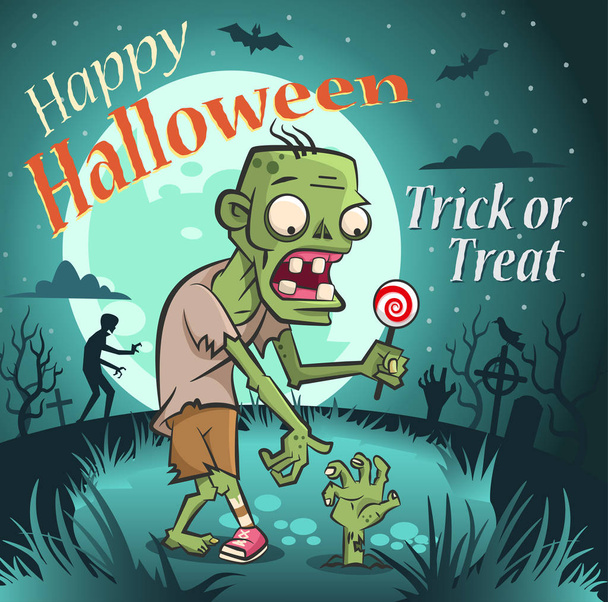 Zombi cukorkával és egy zombi kéz áll ki a földből. Boldog Halloweent! Vektor illusztráció, transzparens, poszter. Sötét ijesztő éjszakai háttér hold, denevérek, temető, séta halott sziluett - Vektor, kép