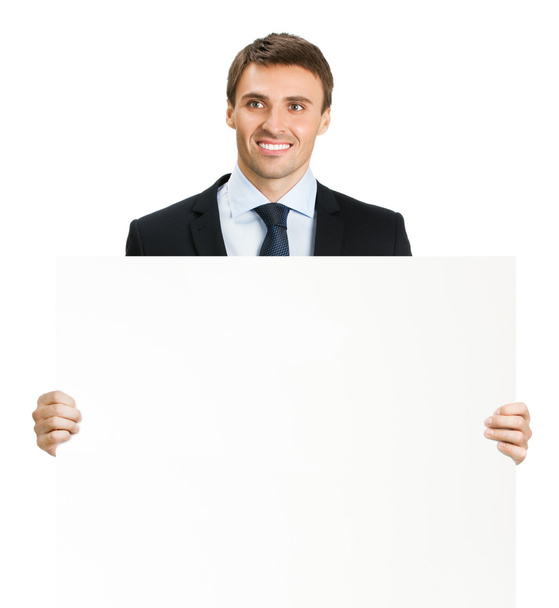 Businessman showing signboard, on white - Fotó, kép