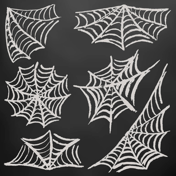 Cadılar Bayramı. Örümcek ağları ayarlayın. Beyaz tebeşir bir kara tahta üzerinde. Festival öğeleri koleksiyonu. Sonbahar tatil. Eğlenceli - Vektör, Görsel