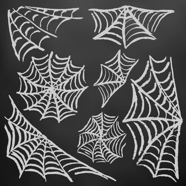 Halloween. Spinnweben setzen. weiße Kreide auf einer Tafel. Sammlung festlicher Elemente. Herbstferien - Vektor, Bild