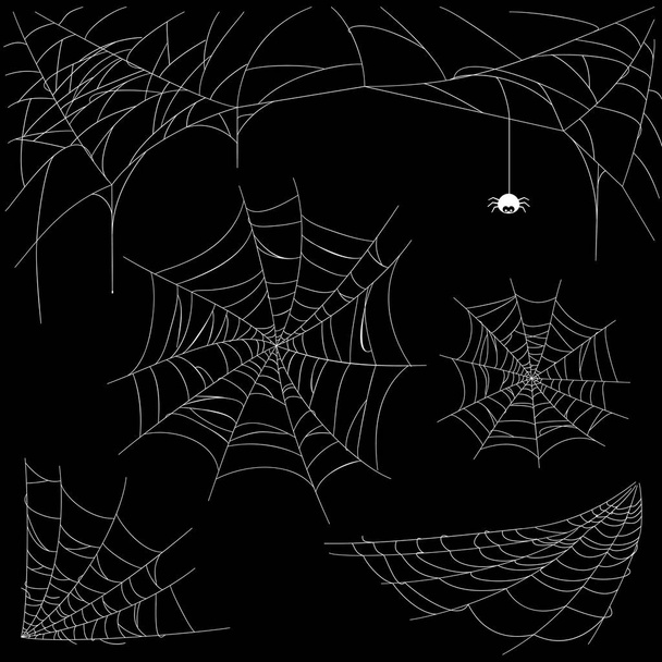 σύνολο ιστός αράχνης που απομονώνονται σε σκούρο φόντο. Αραχνιά συλλογή για τις Απόκριες. - Διάνυσμα, εικόνα