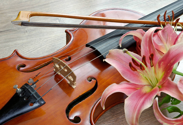 hegedű és lily egy fából készült háttér - Fotó, kép