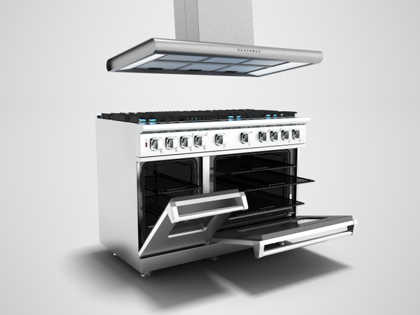 金属のガス炊飯器やガス開くオーブン フード シャドウと灰色の背景に 3 d レンダリング - 写真・画像