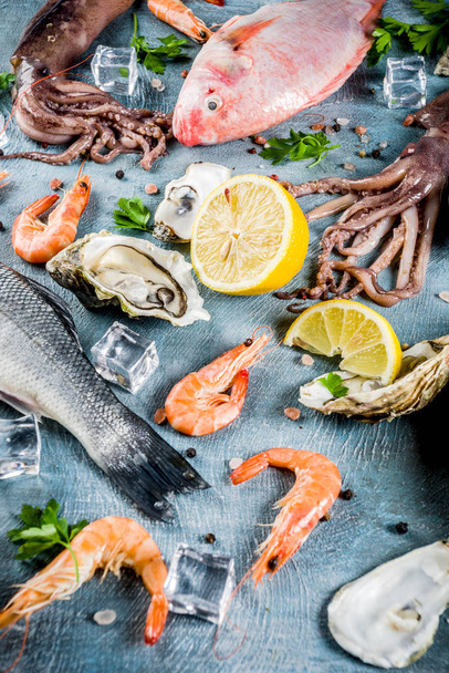 frische rohe Meeresfrüchte Tintenfisch Garnelen Austernmuscheln Fisch mit Gewürzen von Kräutern Zitrone auf einem hellblauen Hintergrund Kopierraum - Foto, Bild