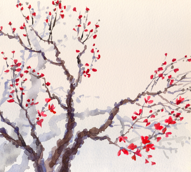 Watercolor background. Red flowers on the branches of the old tree - Фото, изображение