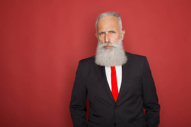 Pensive man look in camera. Styling old man with a long white beard posing on the red background in modern strict suit. Portrait of modern Santa Claus. - 写真・画像