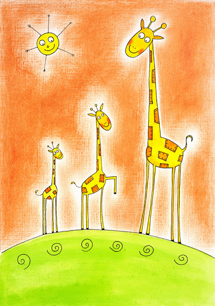 Three happy giraffes, child's drawing, watercolor painting on paper - Photo, Image