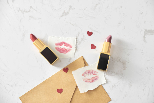 Love valentine together happy affection concept with lipstick and lipstick kiss mark - 写真・画像