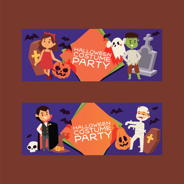 Halloween kids costume trick or treat party costumes vector characters. Little child people Halloween bat, candy, ghost, zombie kids costume fun cartoon boys and girls carnival party website banner - Vector, Image