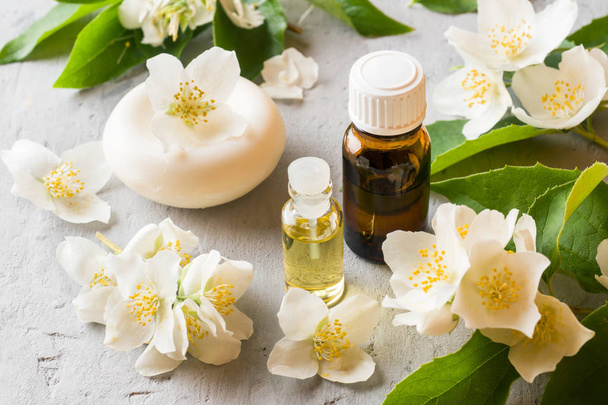 Jasmine oil. Aromatherapy with Jasmine oil and soap. Jasmine flower. - Zdjęcie, obraz