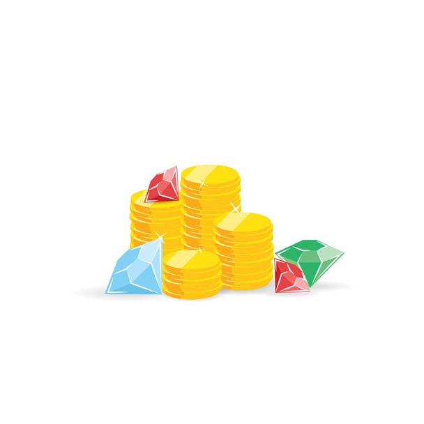 Treasure stacks of coins diamons and rubins vector illustration for games winer prize wealth first place.  - Vektör, Görsel