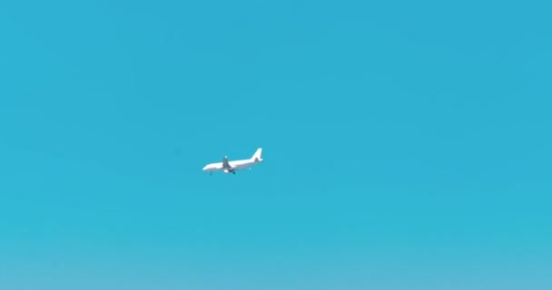 Путешествие на самолете, международный рейс, самолет, летящий в голубом небе над облаками - Кадры, видео