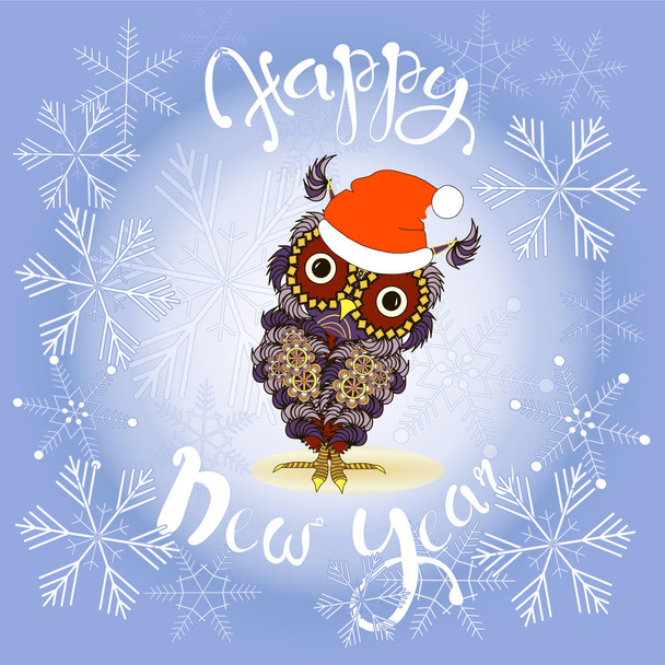 Надпись Happy New Year, симпатичная фиолетовая сова в красной шляпе, векторная иллюстрация для раскраски страницы, для печати на синем фоне и фоне снежинок, для печати, для печати
 - Вектор,изображение