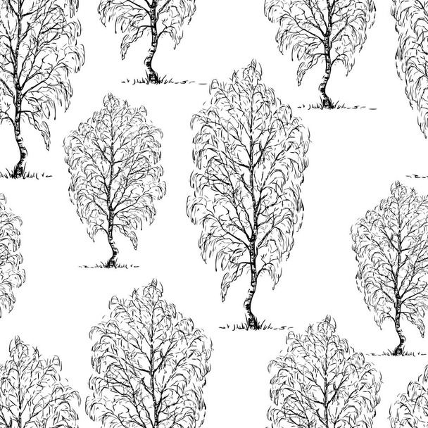 Seamless background of sketches of birch trees - Vector, imagen