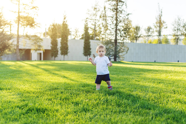 Das süße Baby läuft an einem sonnigen Tag auf dem grünen Rasen und spielt Nachholspiele in der Natur. das Konzept des einjährigen Kindes und die ersten Schritte - Foto, Bild