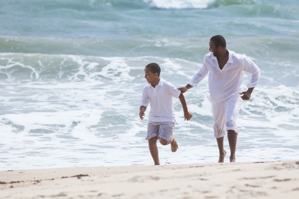 African American Father Son Family Running on Beach - Photo, Image