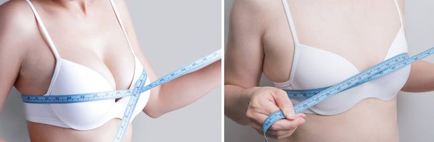 women taking  measurement with different chests.  before and after on the gray background - Foto, afbeelding