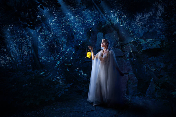 Young elf girl in night forest - Фото, изображение
