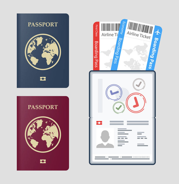 Vektorpass mit Flugtickets Flugreisekonzept festlegen. flaches Design Staatsbürgerschaft für Reisende isoliert. blaues internationales Dokument - Pässe Illustration - Vektor, Bild