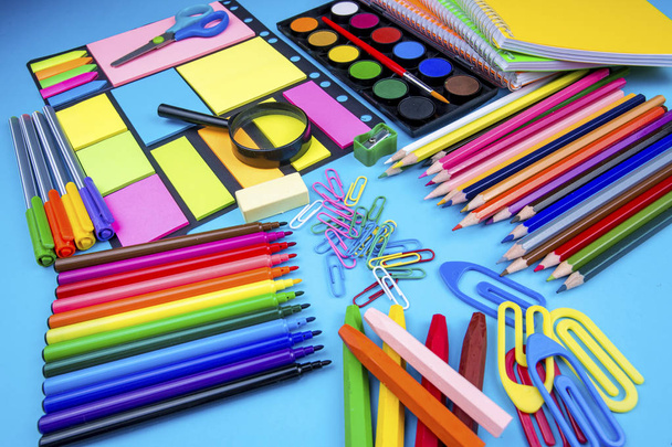 School and office equipment, stationery on the background - Photo, Image